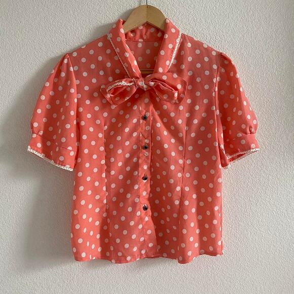 Coral Polka Dot Pussybow Blouse - Picture 3 of 7